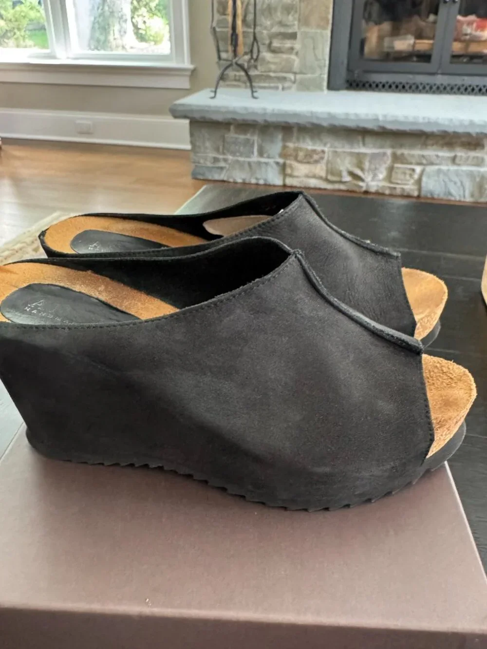 Anyi Lu Black Soft Suede Peep Toe Wedge Mules Slip On